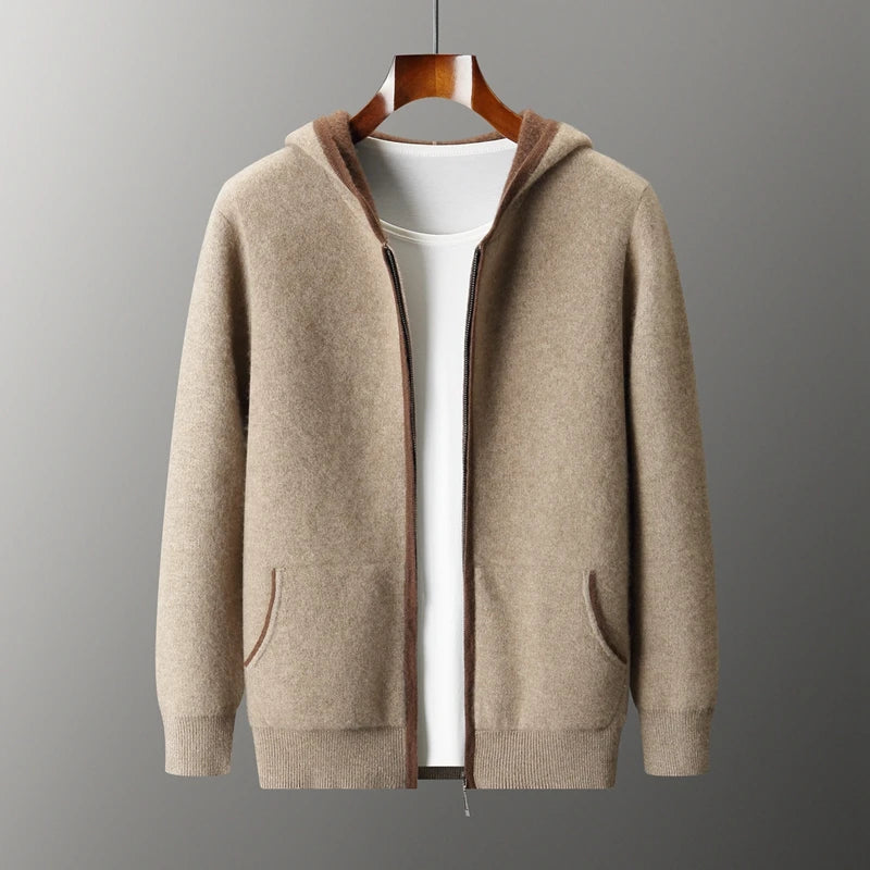 New Men 100% Cashmere Hooded Sweatercoat Autumn Winter Color Block Cardigan Casual Smart Coat Luxury Knitwear Zipper Tops Hoodie