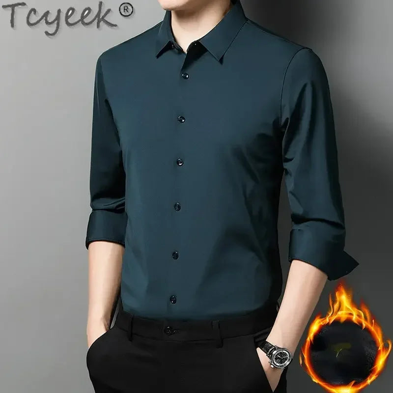 Tcyeek  Mulberry Silk Long Sleeve Shirt for Men 1808 Autumn and Winter Plush Thickened Business Silk Shirts Men's Clothing