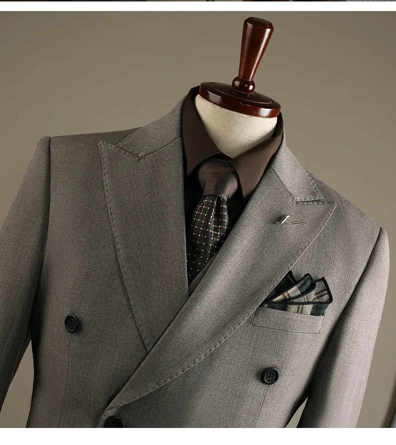 High Quality Mens Suit Formal Business Slim Fit Double-breasted Striped Suit Set Groom Wedding Dress Party Tuxedo Men's Clothing