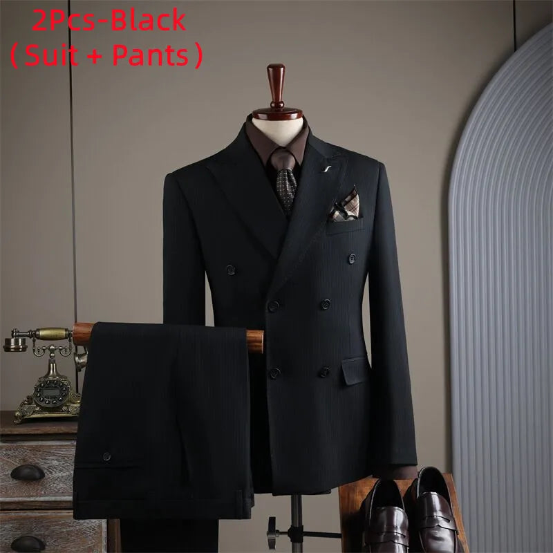 High Quality Mens Suit Formal Business Slim Fit Double-breasted Striped Suit Set Groom Wedding Dress Party Tuxedo Men's Clothing