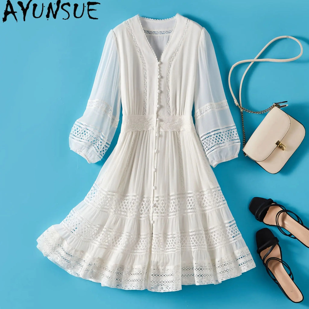 AYUNSUE 100% Mulberry Silk Womens Dress Mid Length White Dresses for Woman Clothes Summer Elegant Dress 2025 Vestidos De Mujer