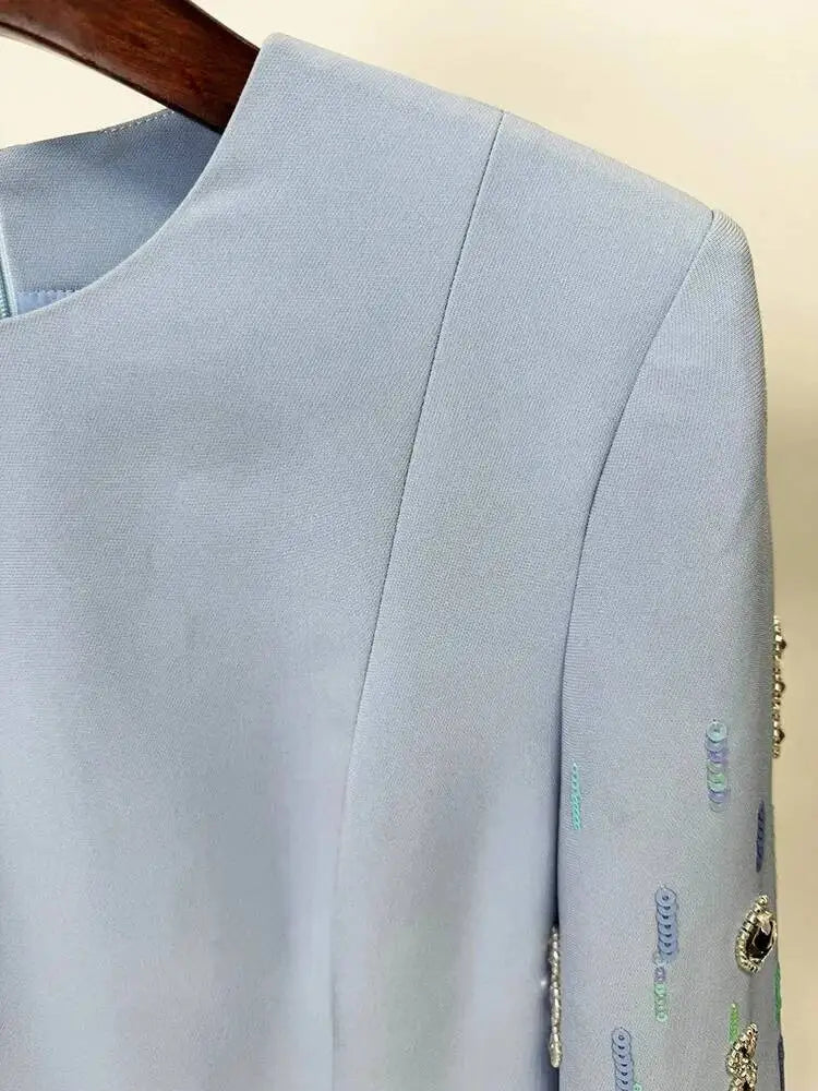 Eshin Women's Light Blue Embellished Maxi Dress Elegant Round Neck Formal Evening Gown Three Quarter Sleeve Beaded SA21