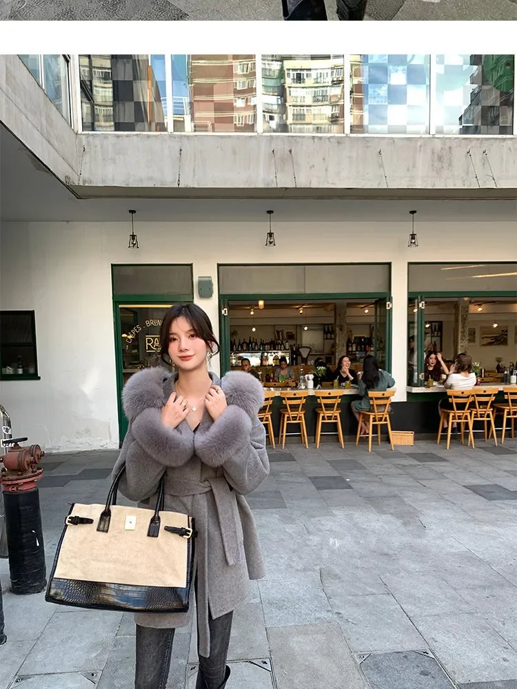 2024 Luxury Loose  Autumn Winter Fox Fur Collar Hooded Wool Cashmere Coat Women's Mid-length Woolen Jacket Outerwear Streetwear