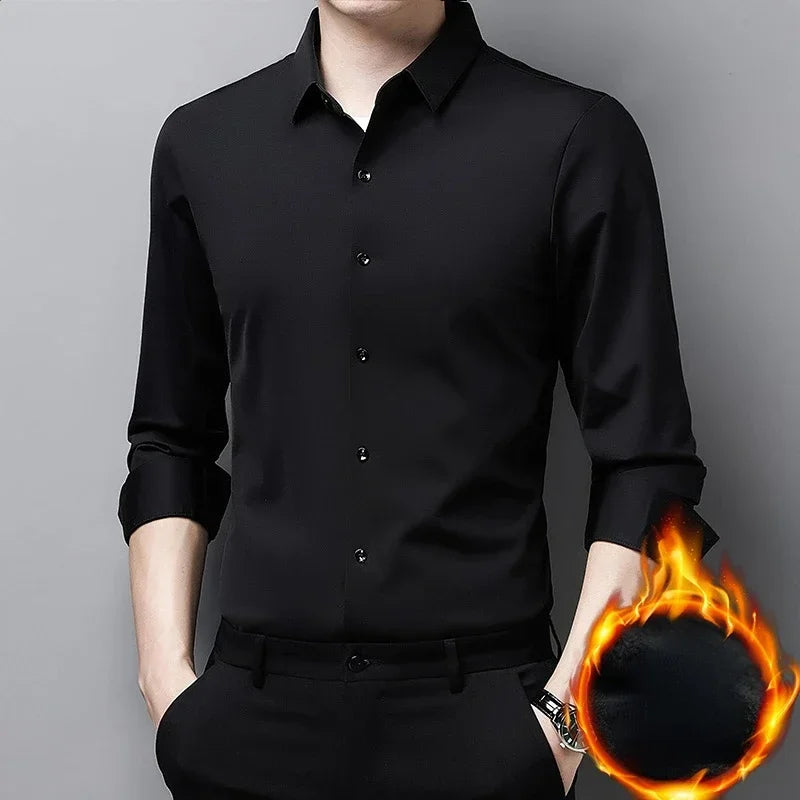 Tcyeek  Mulberry Silk Long Sleeve Shirt for Men 1808 Autumn and Winter Plush Thickened Business Silk Shirts Men's Clothing