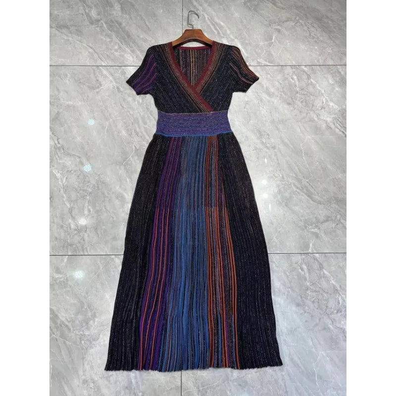 GGHK Stylish V-neck Knit Maxi Dress with Metallic Stripes 2024 New Luxury Woman Party Dress Sexy Vintage Robe Elegant Gowns