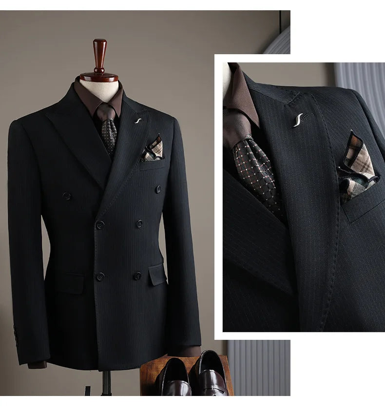 High Quality Mens Suit Formal Business Slim Fit Double-breasted Striped Suit Set Groom Wedding Dress Party Tuxedo Men's Clothing