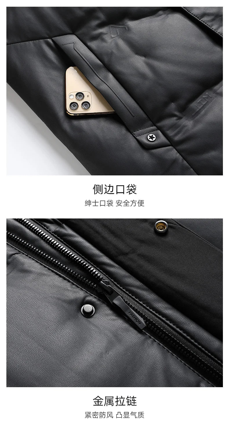 2024 Winter New Men's Medium to Long Leather Goose Down Jacket Thickened Warm and Cold Resistant Goose Down Content 90% Large