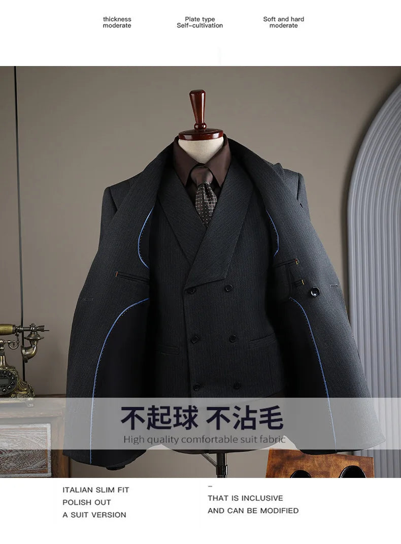 High Quality Mens Suit Formal Business Slim Fit Double-breasted Striped Suit Set Groom Wedding Dress Party Tuxedo Men's Clothing