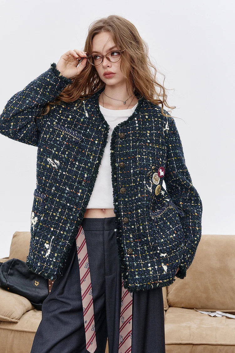 ELFSACK 2025 Autumn New Arrival Elegant French Tweed Premium Brooch Decor Blazer Jacket For Woman