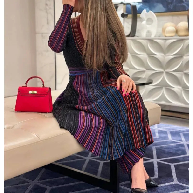 GGHK Stylish V-neck Knit Maxi Dress with Metallic Stripes 2024 New Luxury Woman Party Dress Sexy Vintage Robe Elegant Gowns