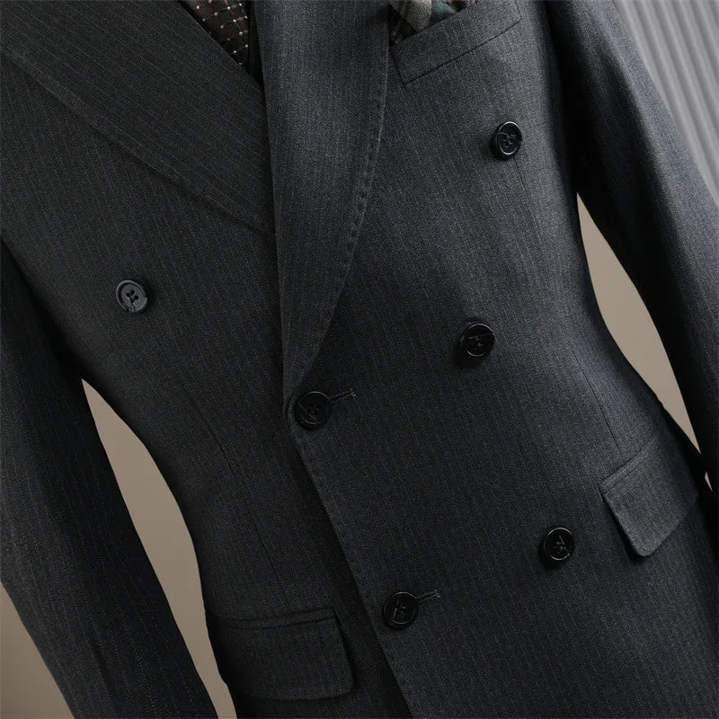 High Quality Mens Suit Formal Business Slim Fit Double-breasted Striped Suit Set Groom Wedding Dress Party Tuxedo Men's Clothing