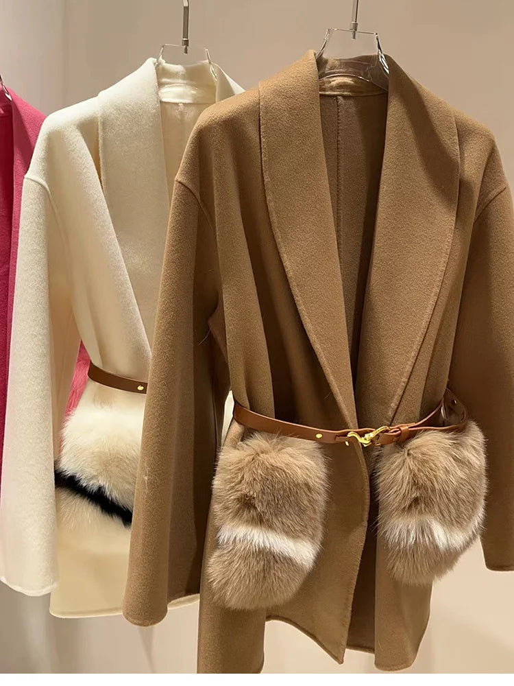 2025 New Women Winter Cashmere Wool Woolen Jacket Real Natural Fox Fur Pocket Coat Ladies Outwear Luxury Jacket