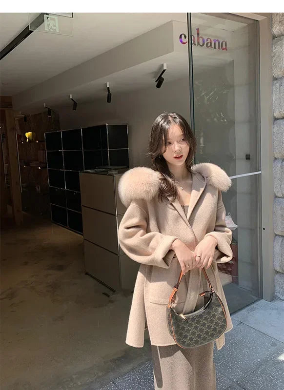 2024 Luxury Loose  Autumn Winter Fox Fur Collar Hooded Wool Cashmere Coat Women's Mid-length Woolen Jacket Outerwear Streetwear