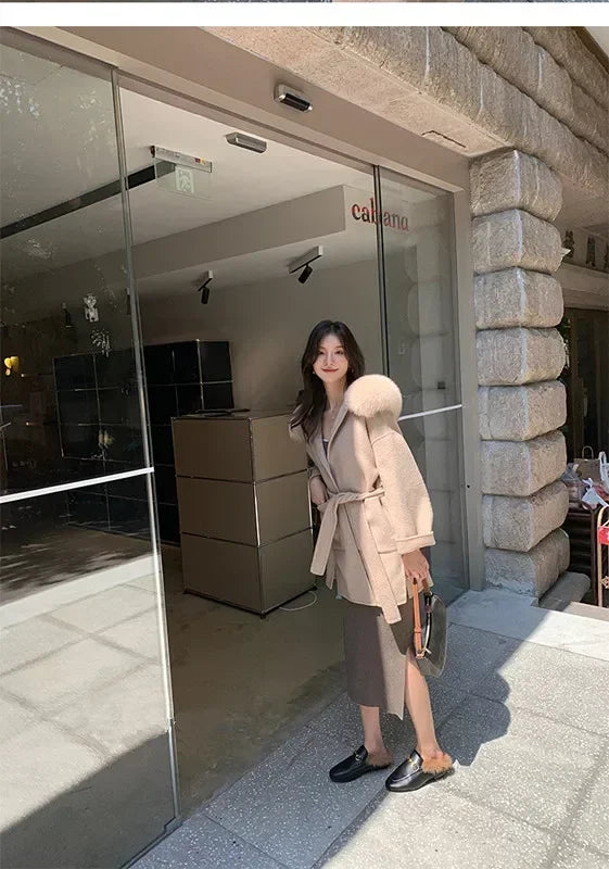 2024 Luxury Loose  Autumn Winter Fox Fur Collar Hooded Wool Cashmere Coat Women's Mid-length Woolen Jacket Outerwear Streetwear