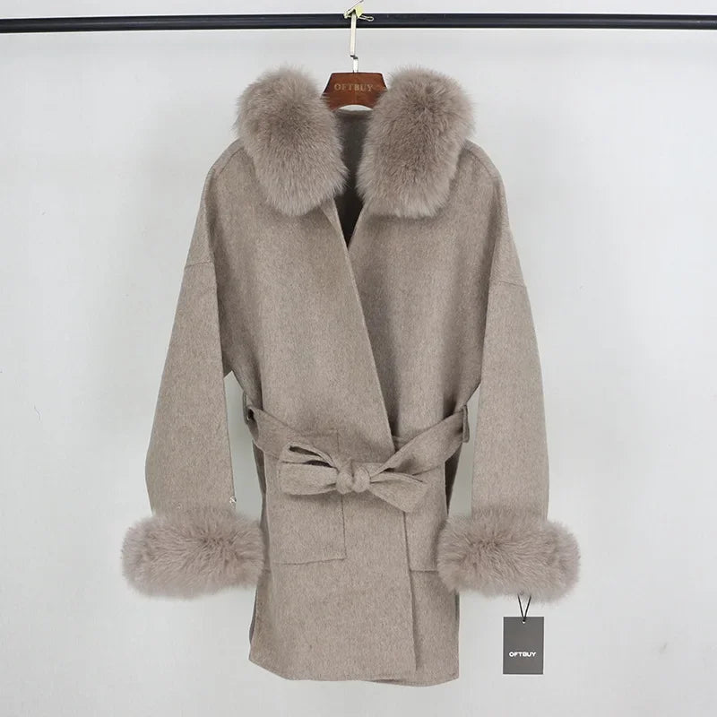 2024 Luxury Loose  Autumn Winter Fox Fur Collar Hooded Wool Cashmere Coat Women's Mid-length Woolen Jacket Outerwear Streetwear