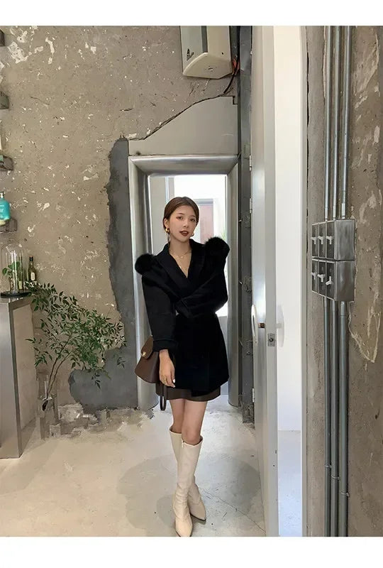 2024 Luxury Loose  Autumn Winter Fox Fur Collar Hooded Wool Cashmere Coat Women's Mid-length Woolen Jacket Outerwear Streetwear