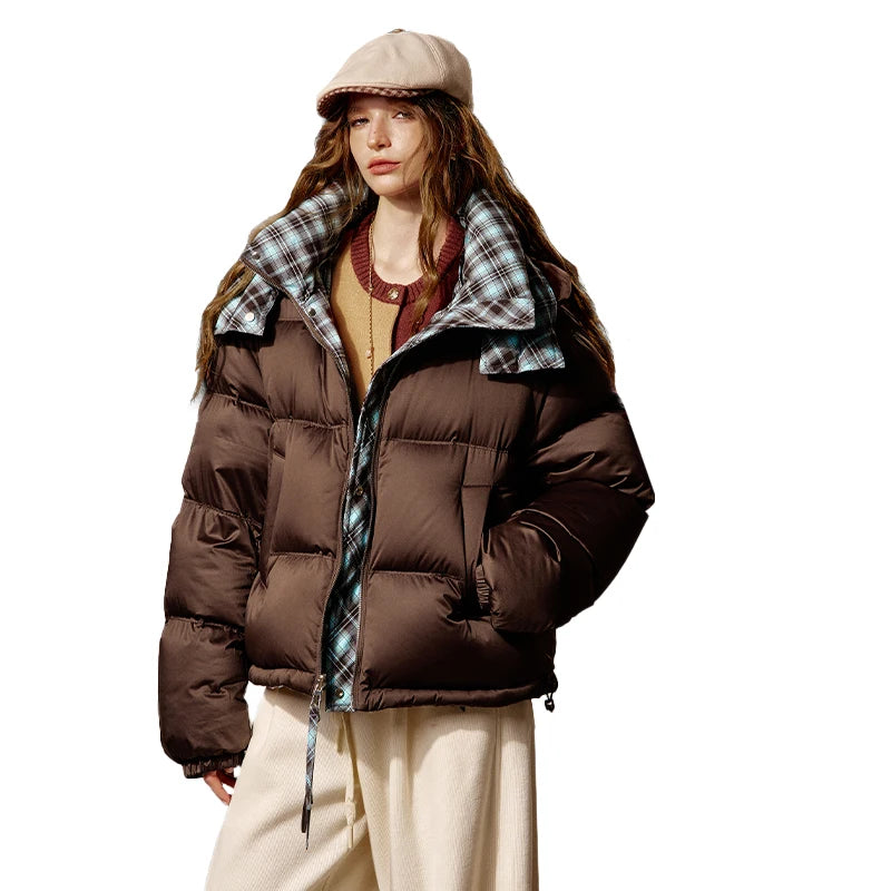 ELFSACK 2025 Winter New Arrivals Reversible Y2K Striped Short High-Neck Hooded Down Jacket For Woman