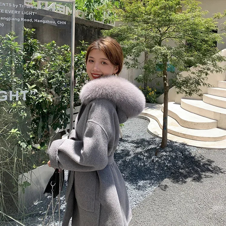 2024 Luxury Loose  Autumn Winter Fox Fur Collar Hooded Wool Cashmere Coat Women's Mid-length Woolen Jacket Outerwear Streetwear