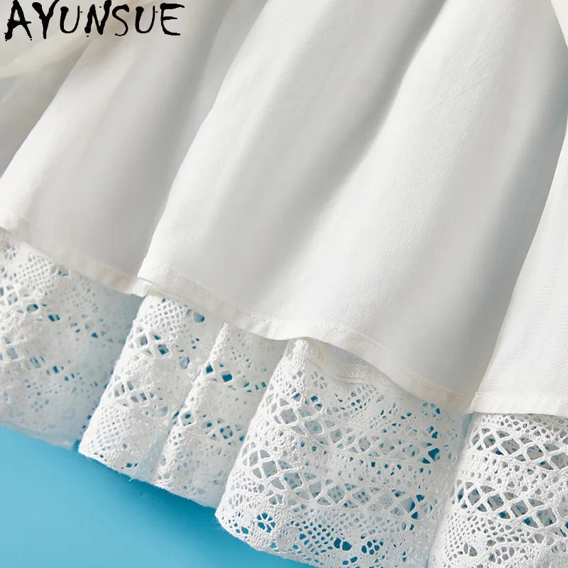 AYUNSUE 100% Mulberry Silk Womens Dress Mid Length White Dresses for Woman Clothes Summer Elegant Dress 2025 Vestidos De Mujer