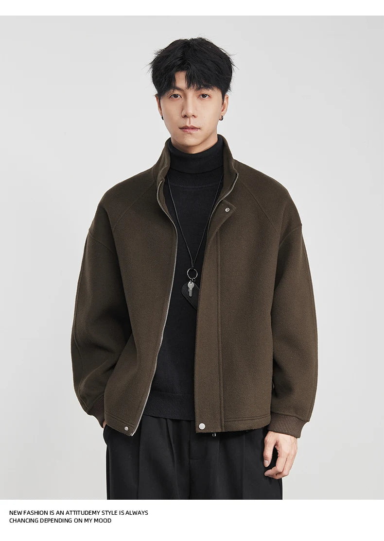 100% Wool 2025 Autumn Winter New High-End Stand Collar Short Casual Loose Woolen Jacket for Men