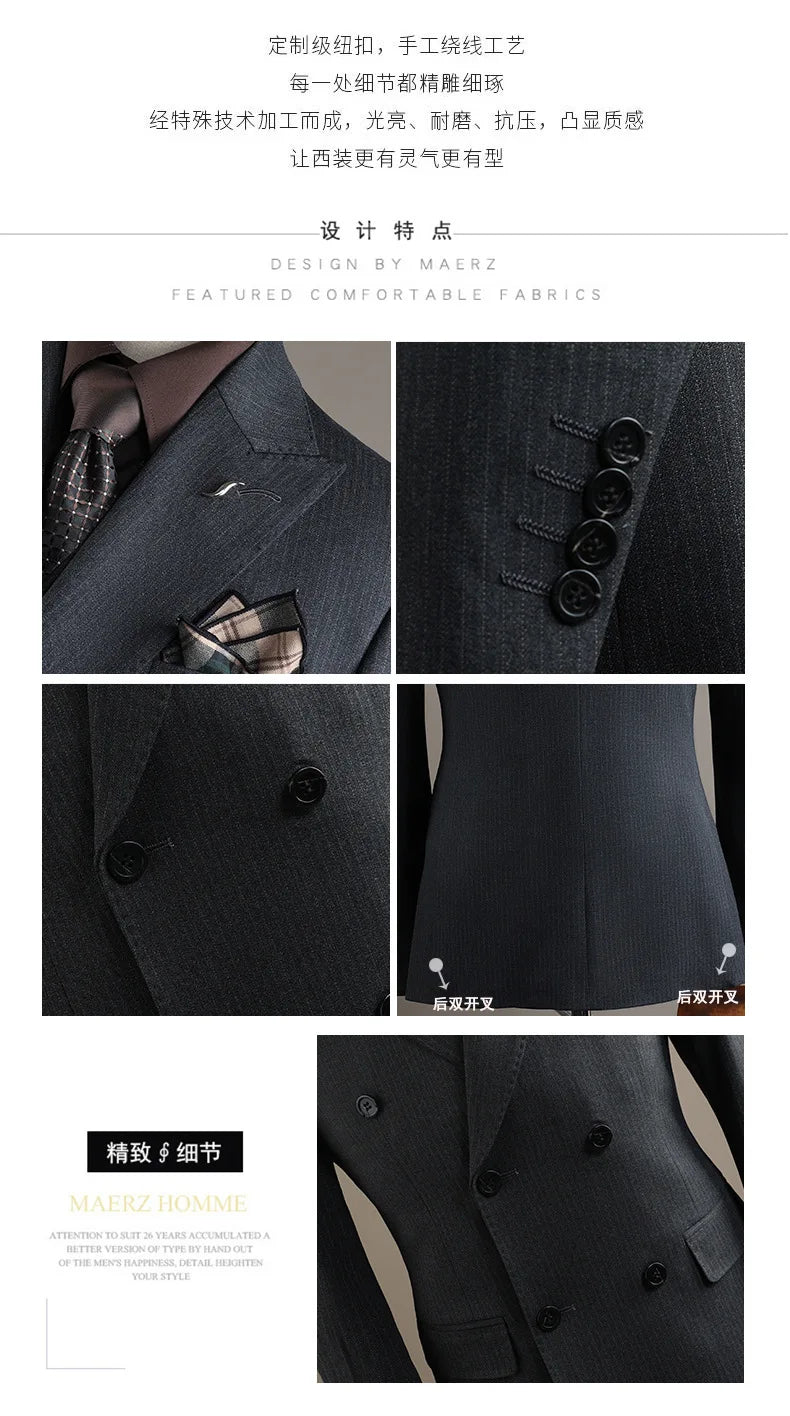 High Quality Mens Suit Formal Business Slim Fit Double-breasted Striped Suit Set Groom Wedding Dress Party Tuxedo Men's Clothing
