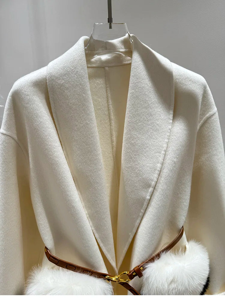 2025 New Women Winter Cashmere Wool Woolen Jacket Real Natural Fox Fur Pocket Coat Ladies Outwear Luxury Jacket