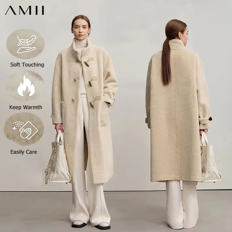 Amii Women's Coat 2025 Winter New Loose Long Half-high Collar Long Sleeves Coat Women Straight Elegant Warm Outerwear 12554010