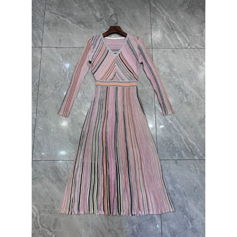 GGHK Stylish V-neck Knit Maxi Dress with Metallic Stripes 2024 New Luxury Woman Party Dress Sexy Vintage Robe Elegant Gowns