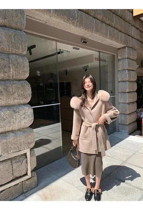 2024 Luxury Loose  Autumn Winter Fox Fur Collar Hooded Wool Cashmere Coat Women's Mid-length Woolen Jacket Outerwear Streetwear