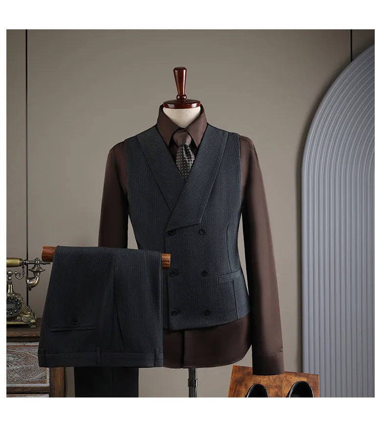 High Quality Mens Suit Formal Business Slim Fit Double-breasted Striped Suit Set Groom Wedding Dress Party Tuxedo Men's Clothing