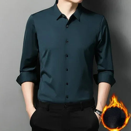 Tcyeek  Mulberry Silk Long Sleeve Shirt for Men 1808 Autumn and Winter Plush Thickened Business Silk Shirts Men's Clothing