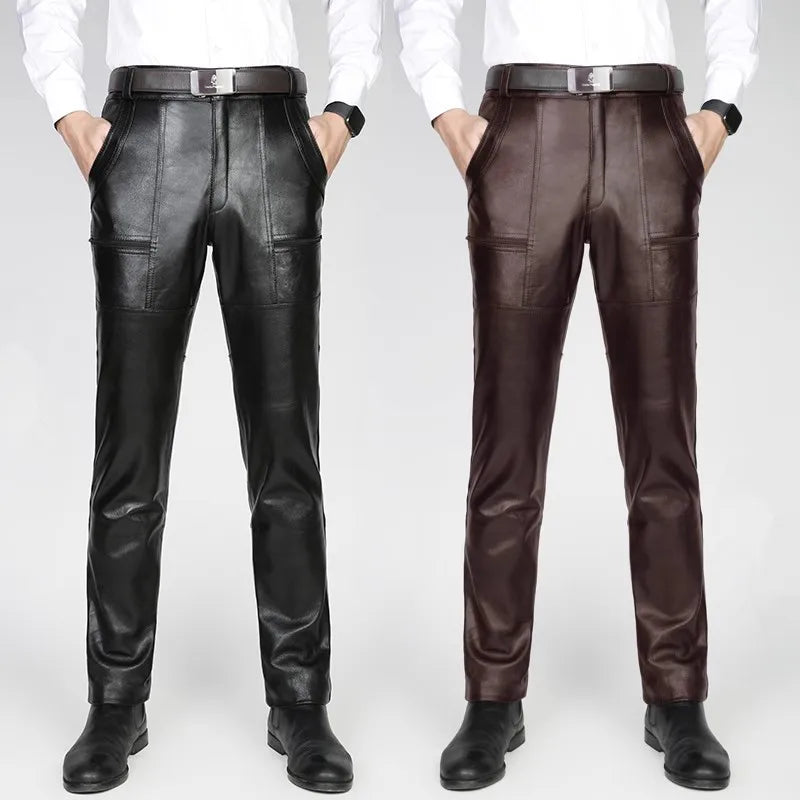 Men's Thickened Leather Pants with Detachable Warm Fleece Liner Genuine Cowhide Goatskin for Autumn And Winter