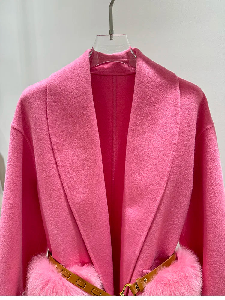 2025 New Women Winter Cashmere Wool Woolen Jacket Real Natural Fox Fur Pocket Coat Ladies Outwear Luxury Jacket