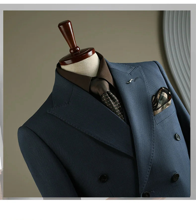 High Quality Mens Suit Formal Business Slim Fit Double-breasted Striped Suit Set Groom Wedding Dress Party Tuxedo Men's Clothing