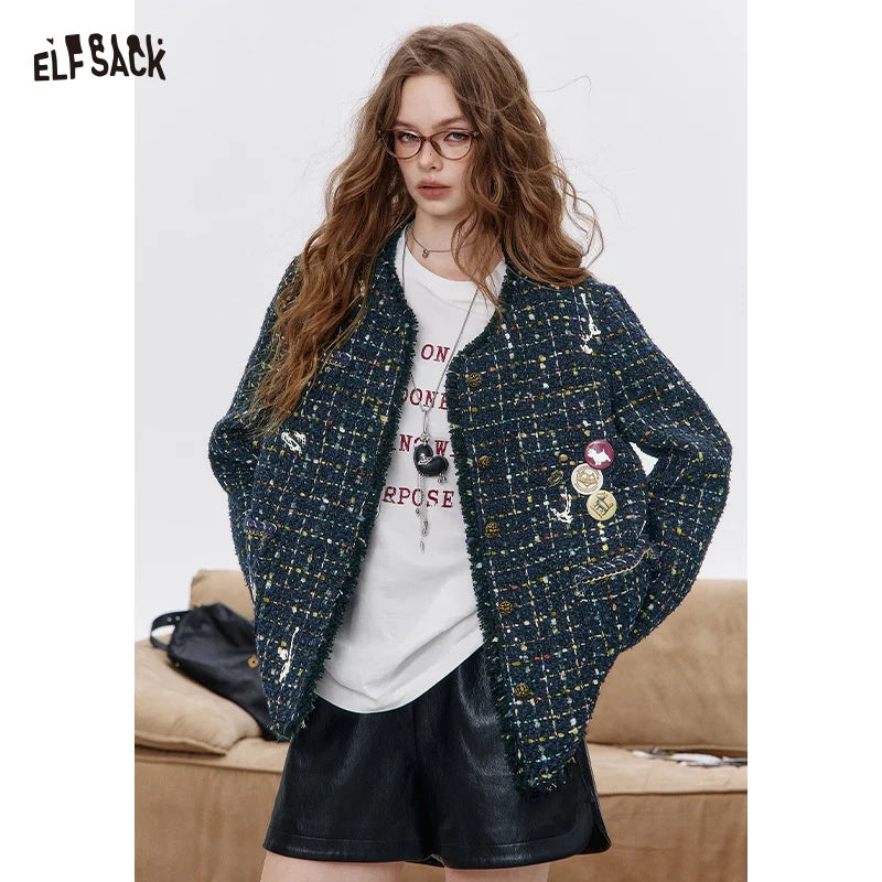 ELFSACK 2025 Autumn New Arrival Elegant French Tweed Premium Brooch Decor Blazer Jacket For Woman