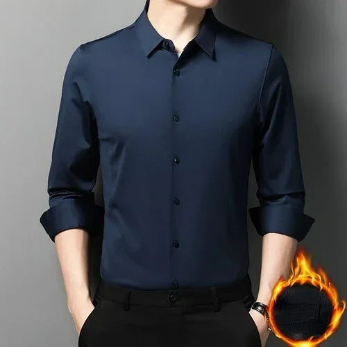 Tcyeek  Mulberry Silk Long Sleeve Shirt for Men 1808 Autumn and Winter Plush Thickened Business Silk Shirts Men's Clothing