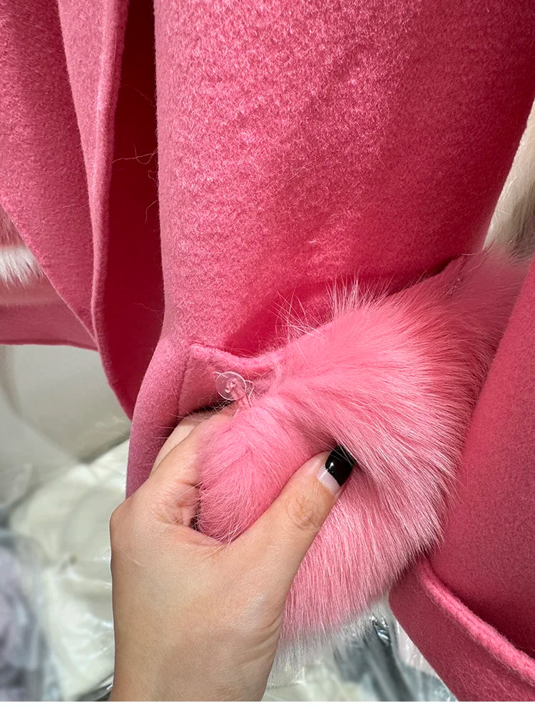 2025 New Women Winter Cashmere Wool Woolen Jacket Real Natural Fox Fur Pocket Coat Ladies Outwear Luxury Jacket