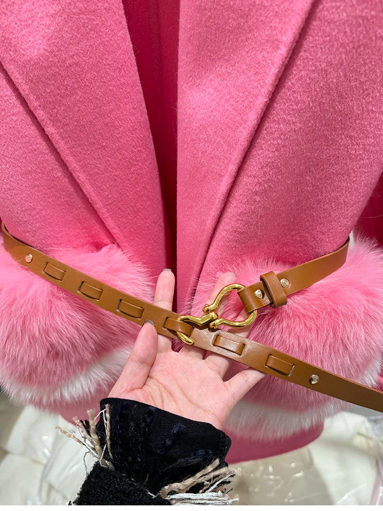 2025 New Women Winter Cashmere Wool Woolen Jacket Real Natural Fox Fur Pocket Coat Ladies Outwear Luxury Jacket