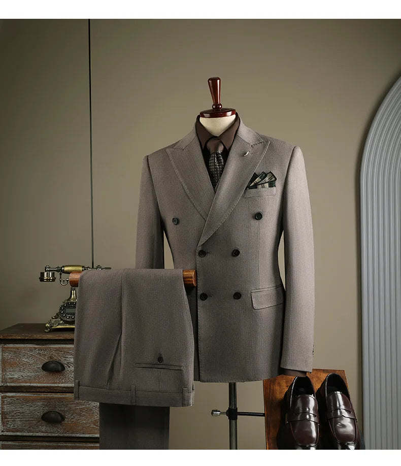 High Quality Mens Suit Formal Business Slim Fit Double-breasted Striped Suit Set Groom Wedding Dress Party Tuxedo Men's Clothing