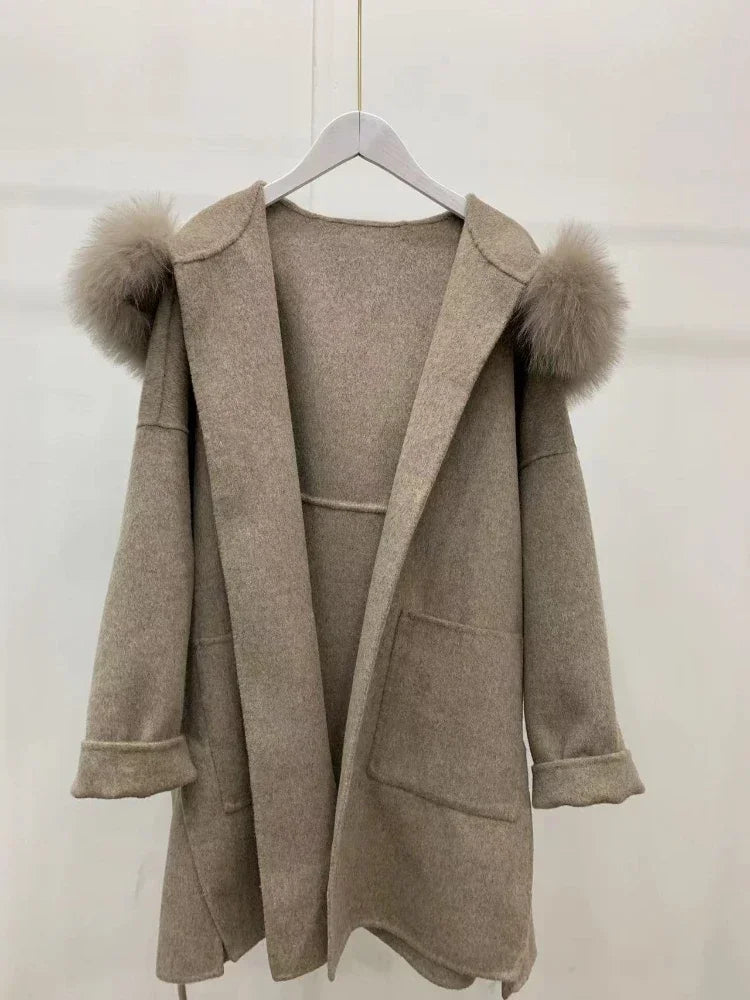 2024 Luxury Loose  Autumn Winter Fox Fur Collar Hooded Wool Cashmere Coat Women's Mid-length Woolen Jacket Outerwear Streetwear