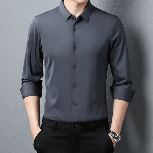 Tcyeek  Mulberry Silk Long Sleeve Shirt for Men 1808 Autumn and Winter Plush Thickened Business Silk Shirts Men's Clothing