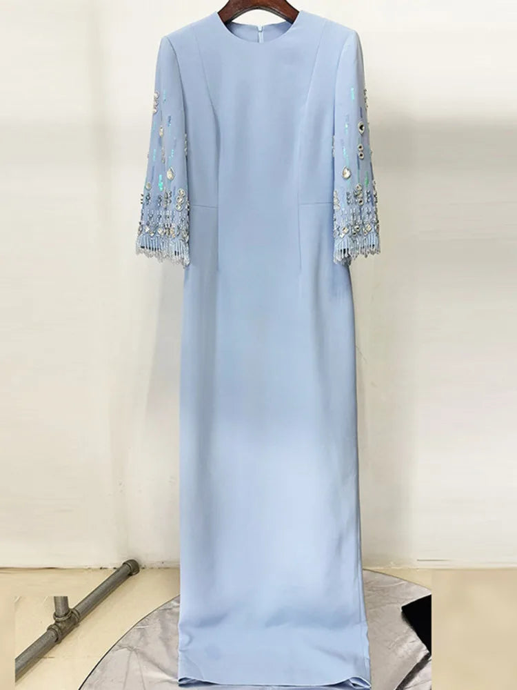 Eshin Women's Light Blue Embellished Maxi Dress Elegant Round Neck Formal Evening Gown Three Quarter Sleeve Beaded SA21