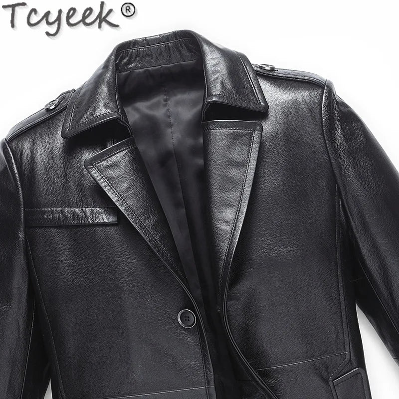 Tcyeek Real Cowhide Genuine Leather Man Jackets Mid-length Trench Coat Spring Autumn Suit Jacket Men Clothing Jaqueta De Couro