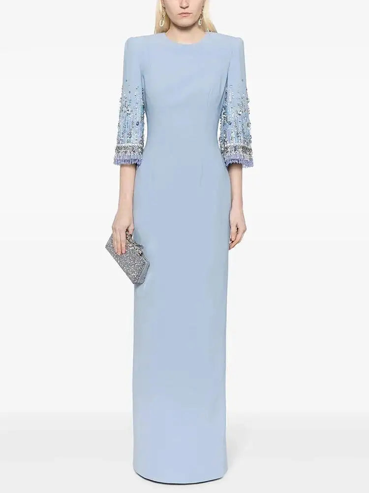 Eshin Women's Light Blue Embellished Maxi Dress Elegant Round Neck Formal Evening Gown Three Quarter Sleeve Beaded SA21