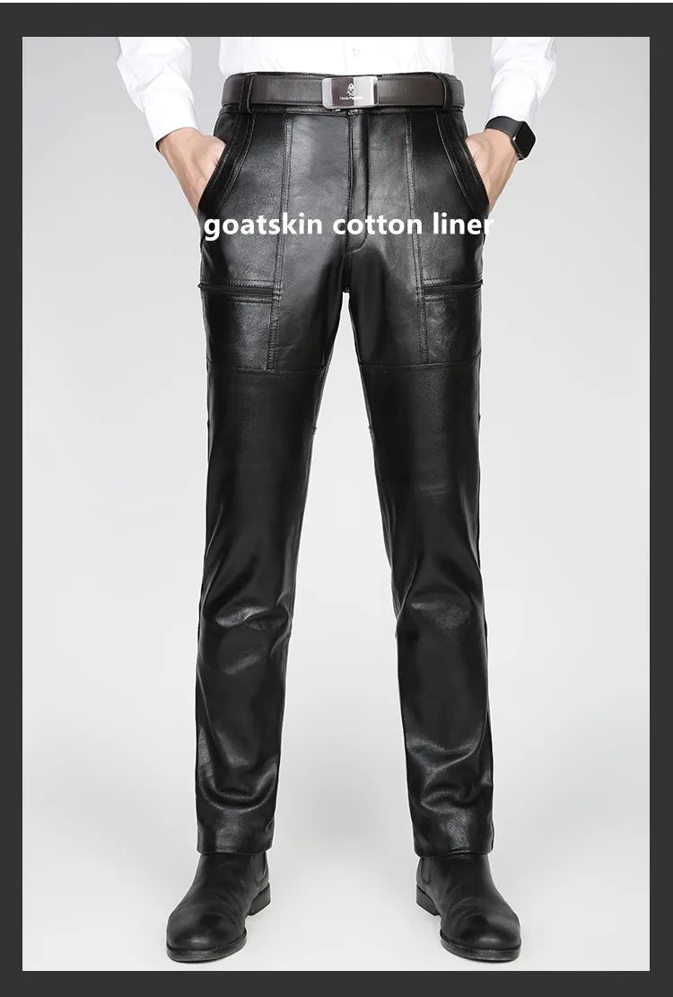 Men's Thickened Leather Pants with Detachable Warm Fleece Liner Genuine Cowhide Goatskin for Autumn And Winter