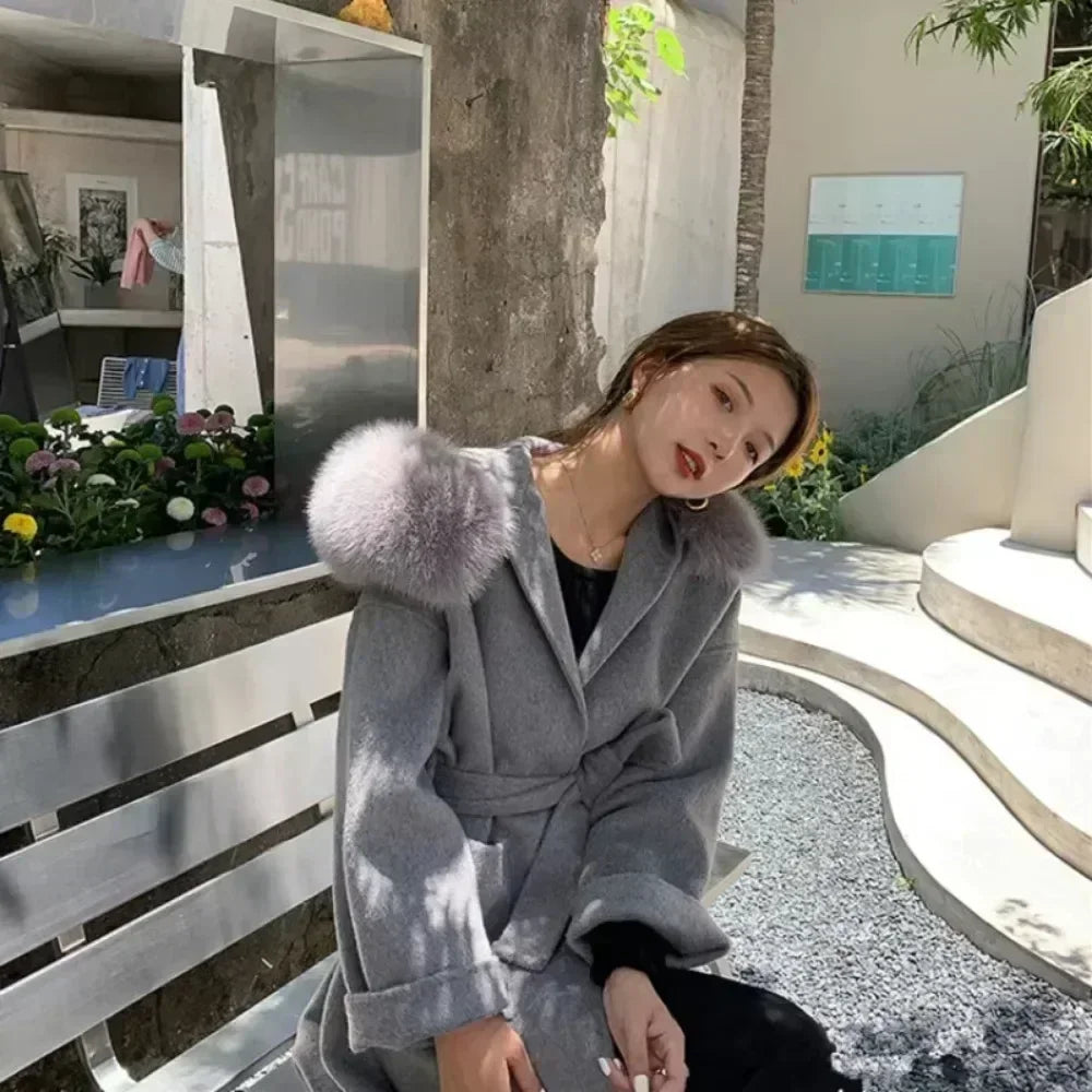 2024 Luxury Loose  Autumn Winter Fox Fur Collar Hooded Wool Cashmere Coat Women's Mid-length Woolen Jacket Outerwear Streetwear