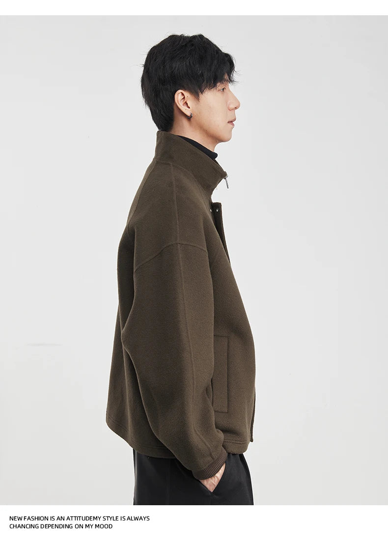 100% Wool 2025 Autumn Winter New High-End Stand Collar Short Casual Loose Woolen Jacket for Men