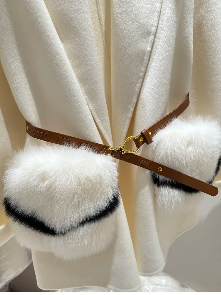 2025 New Women Winter Cashmere Wool Woolen Jacket Real Natural Fox Fur Pocket Coat Ladies Outwear Luxury Jacket