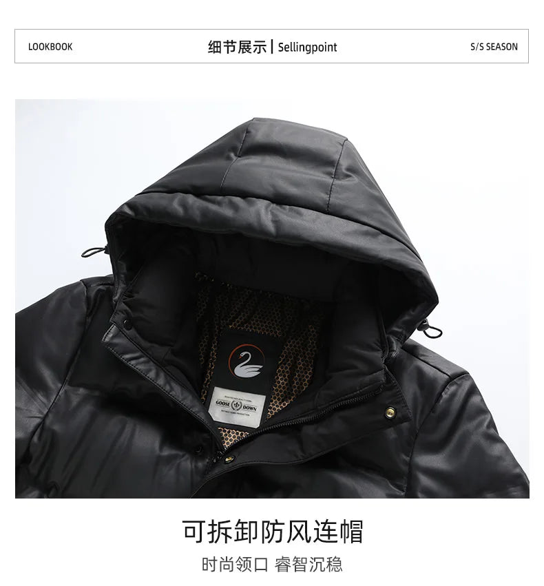 2024 Winter New Men's Medium to Long Leather Goose Down Jacket Thickened Warm and Cold Resistant Goose Down Content 90% Large