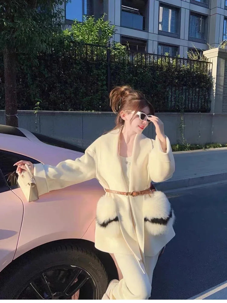 2025 New Women Winter Cashmere Wool Woolen Jacket Real Natural Fox Fur Pocket Coat Ladies Outwear Luxury Jacket